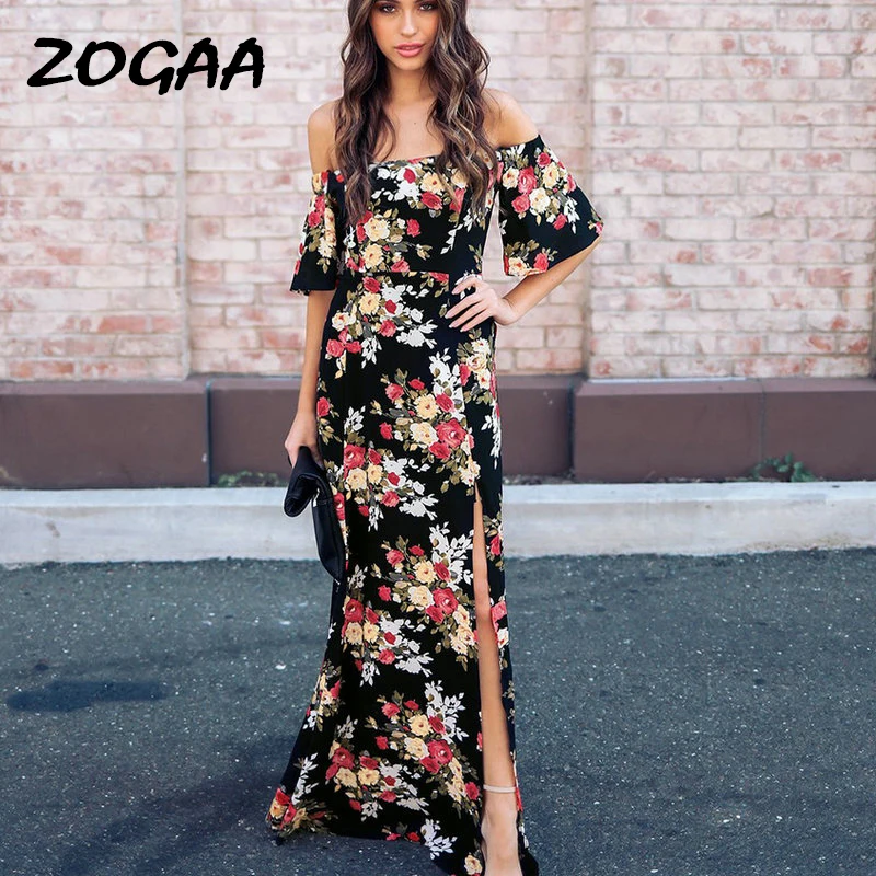 

ZOGAA Women Boho Black Long Dress Off Shoulder Summer Beach Dress Floral Print Vintage Flower Maxi Dress Vestido De Festa 2019
