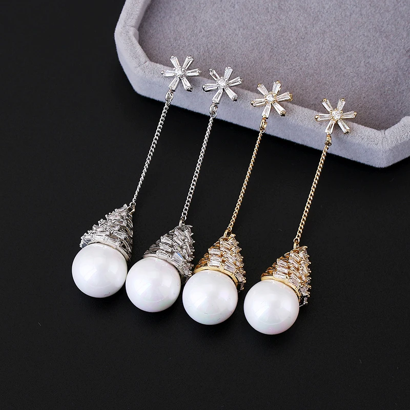 

Long Tassel Earrings 10 mm Pearl With AAA Zircon Paved Luxury Fashion Drop Earrings for Women Ladys Girls XIUMEIYIZU New