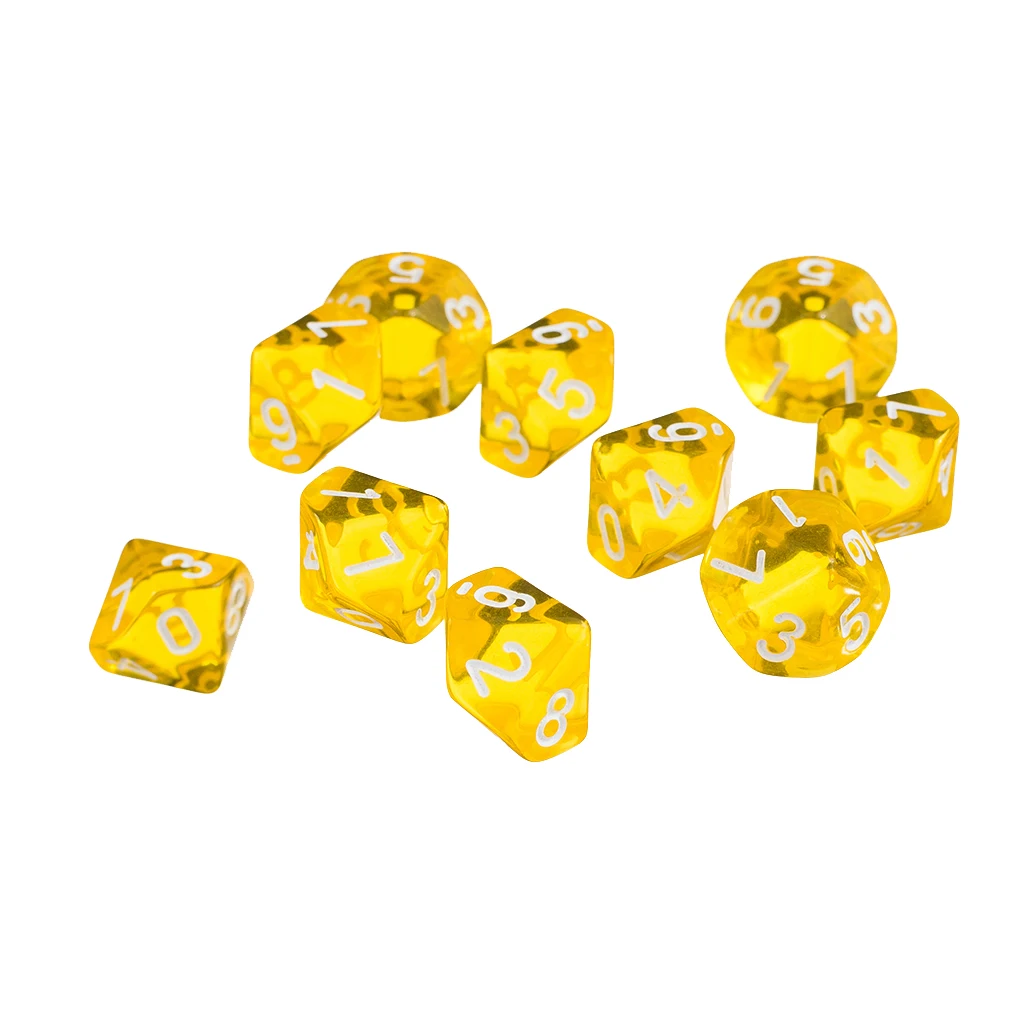 3 cm Plastic D10 Yellow Ten Sided Gem Dice for RPG Dungeons Dragons Games Set of 10 Dice