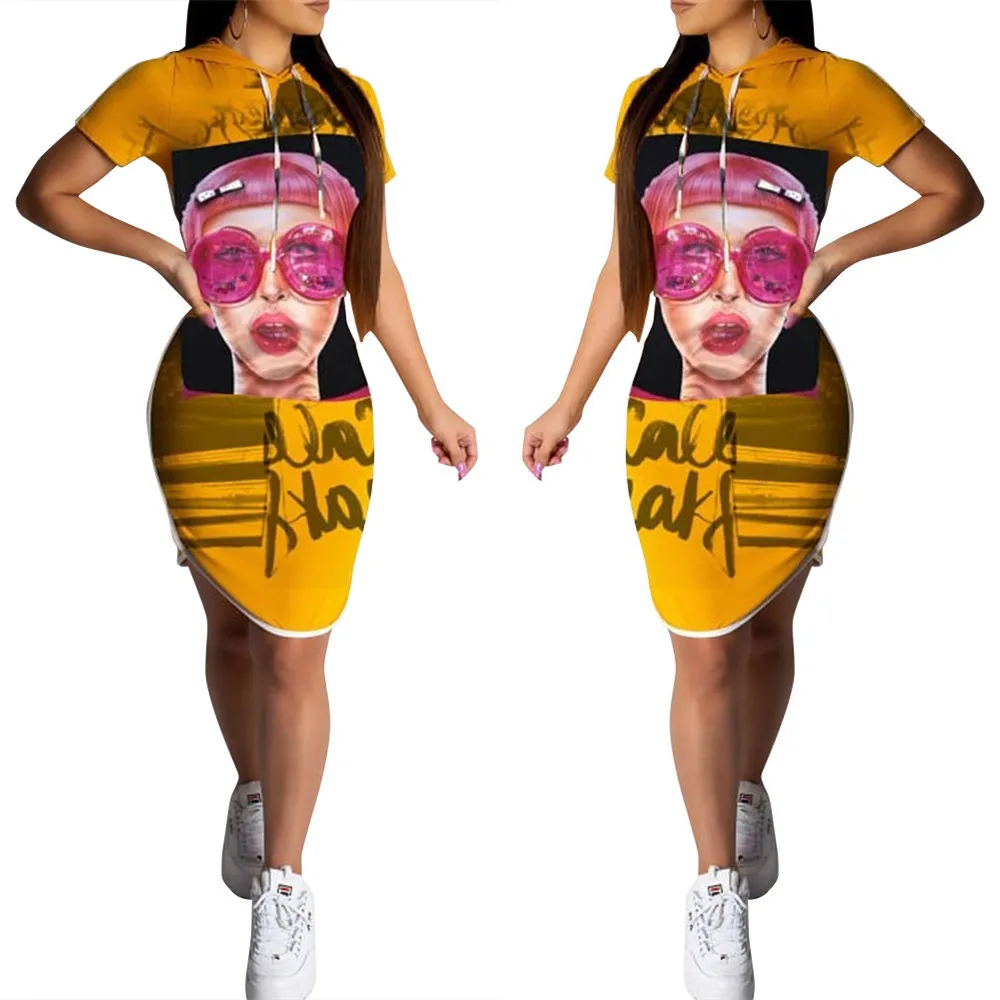LS6232 Explosion Trend Print Hooded Short Sleeve Natural Waist Summer Above Knee Skirt Dress Casual Women's Clothing | Женская