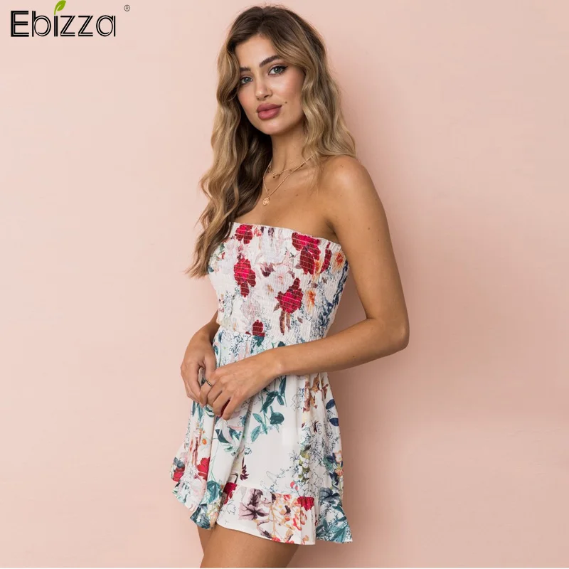 Ebizza с открытыми плечами Цветочный принт Playsuit Для женщин Сексуальная рукавов рябить комбинезон шифон Slash шеи Бохо пляжные комбинезоны