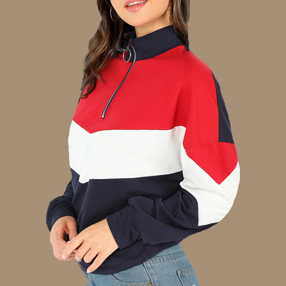 

Retro Tracksuit Color Block Hoodie Patchwork Poleron Mujer 2019 Half Zip Pullover Sweatshirt Multicolor Hoodie Women Ring Zipper