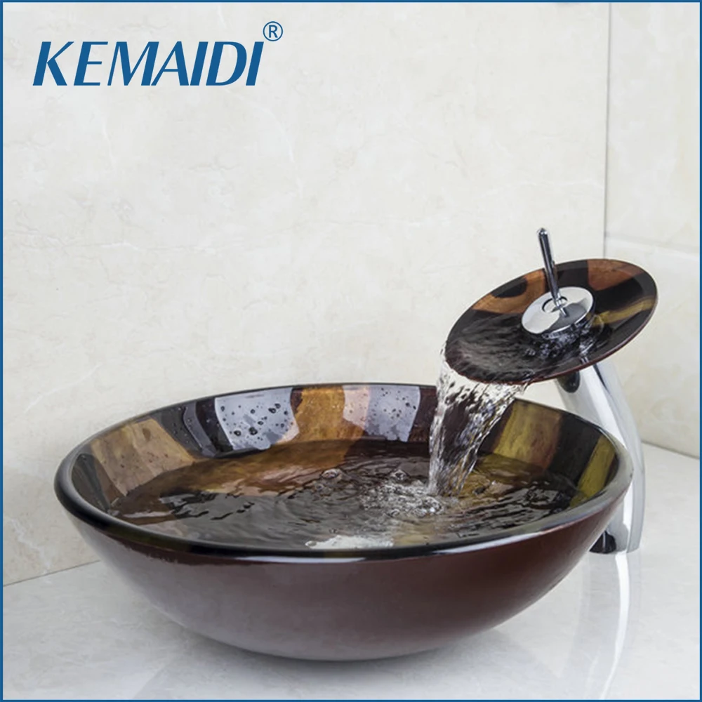 KEMAIDI Hand Painted Tempered Glass Victory Round Sinks / Vessel Basins