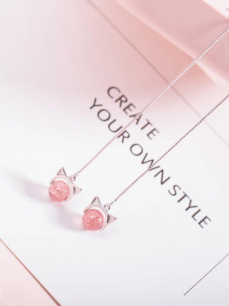 cute cat strawberry crystal ear line 100% 925 Sterling silver Jewelry fashion Hypoallergenic dangle earrings for women girl gift
