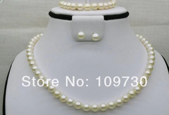 

Jewelry 00577 17" 7-7.5mm AAA+ round white akoya pearl necklace bracelet earring set silver