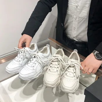 

MLJUESE 2018 fashion sneakers leather white color lace up autumn spring Dad sneakers Vulcanize Shoes platform sneakers