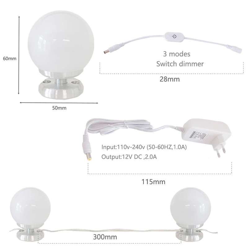 Светодиодный светильник 12 В для макияжа, зеркальный светильник, голливудский туалетный светильник, бесступенчатая настенная лампа с регулируемой яркостью, 6 10 ламп, комплект для туалетного столика