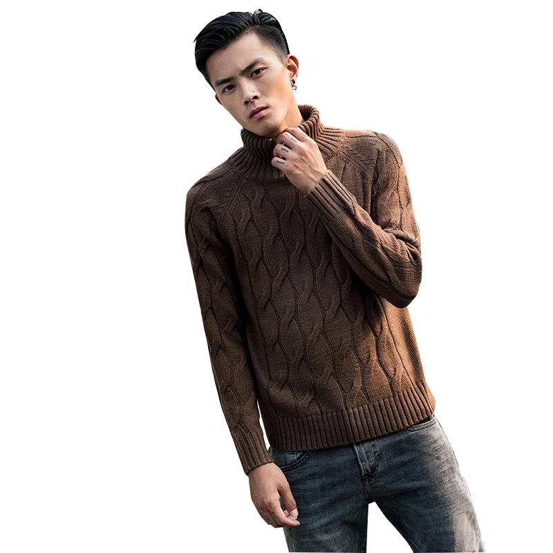 Мужской толстый свитер с длинным рукавом белый/черный/серый пуловеры мужские приталенные Пуловеры Зимние повседневные Гольф - Цвет: Коричневый