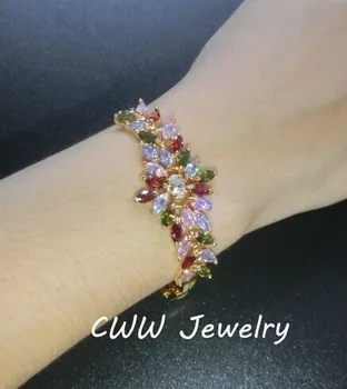 

CWWZircons Sparkling Yellow Gold Color Designer White Red Green Cubic Zirconia Big Flower Charm Bracelets For Women CB073