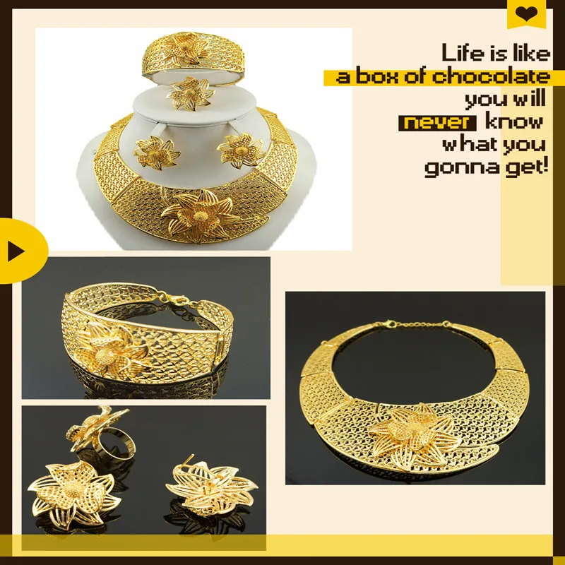 Комплект украшений из Дубая золотые ювелирные изделия Женское модное ожерелье изысканные свадебные ювелирные наборы золотые ювелирные наборы цветок ожерелье браслет