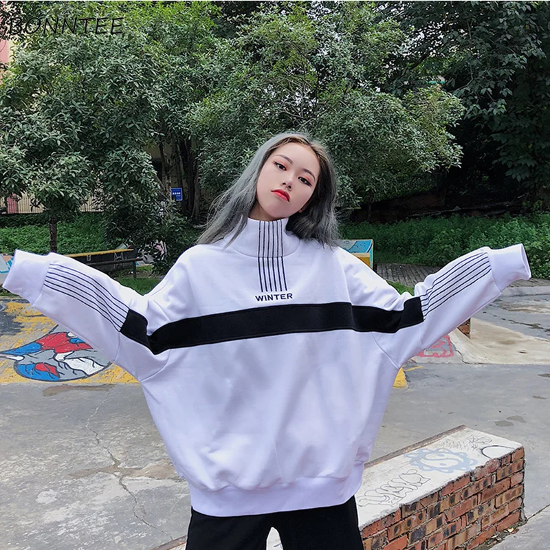  Hoodies Women Turtleneck Casual Letter Print Loose Warm Plus Velvet Soft Sweatshirt Trendy Korean U