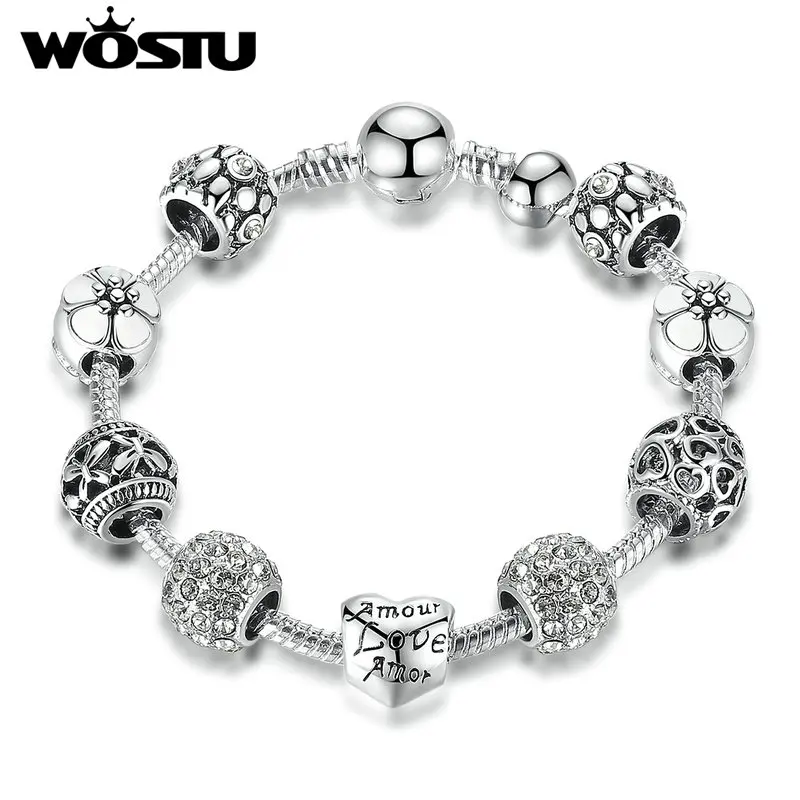 

WOSTU Hot Sale Silver Plated Amour Love Amor Openwork Heart White Flower Beads Bracelets & Bangles for Women Jewelry XCH1503