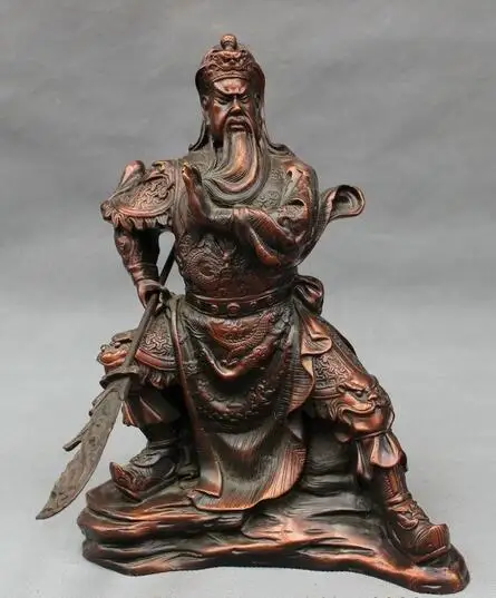 

free 10" Folk Chinese Pure Bronze Dragon Head Warrior Sitting GuanGong GuanYu Statue fast