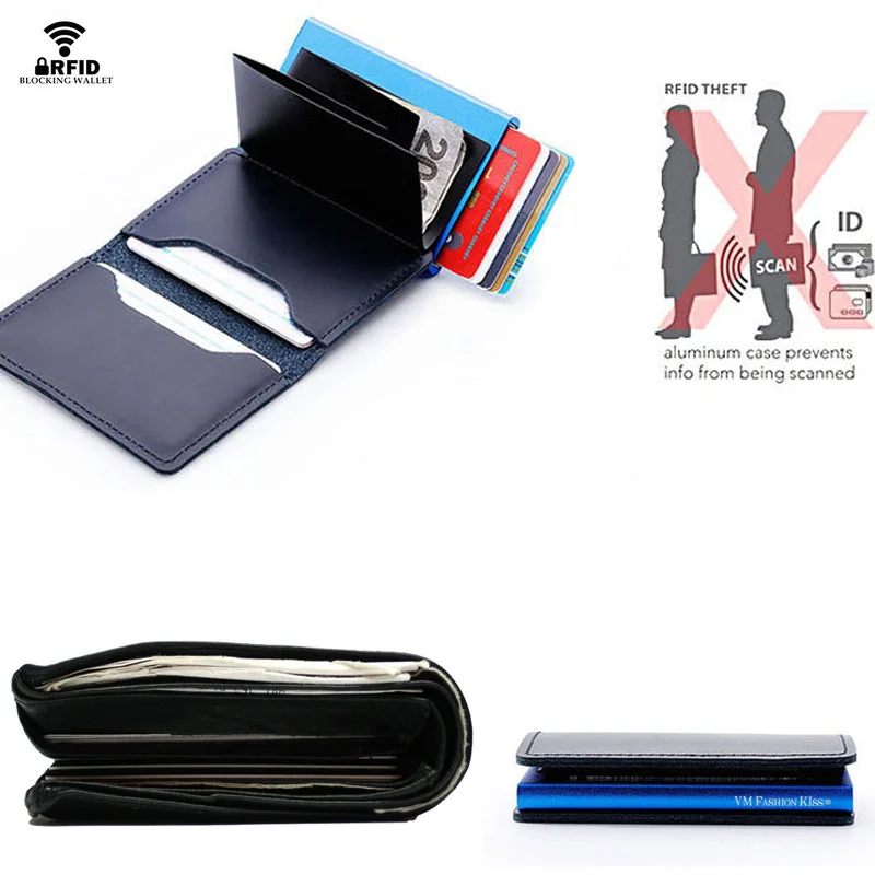 VM FASHION KISS RFID Genuine Leather Minimalist Wallet DIY Metal Aluminum Safe Purse Credit Id Business Card Holder Cardholder