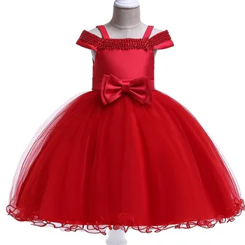 

Sweet wedding girl dress Europe United States new horizontal shoulder children party dress beaded satin elegant princess dress
