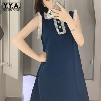 

Summer Chic Women Ruffles Dress Kawaii Embroidery Collar Girls Dresses Female Sleeveless Tank Sarafan Sundress Party Dress