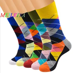 Мэй LEI YA 1 пара Повседневное Разноцветные Веселые носки высокого качества в стиле Harajuku Стиль Для мужчин Клетчатый узор хлопковые носки