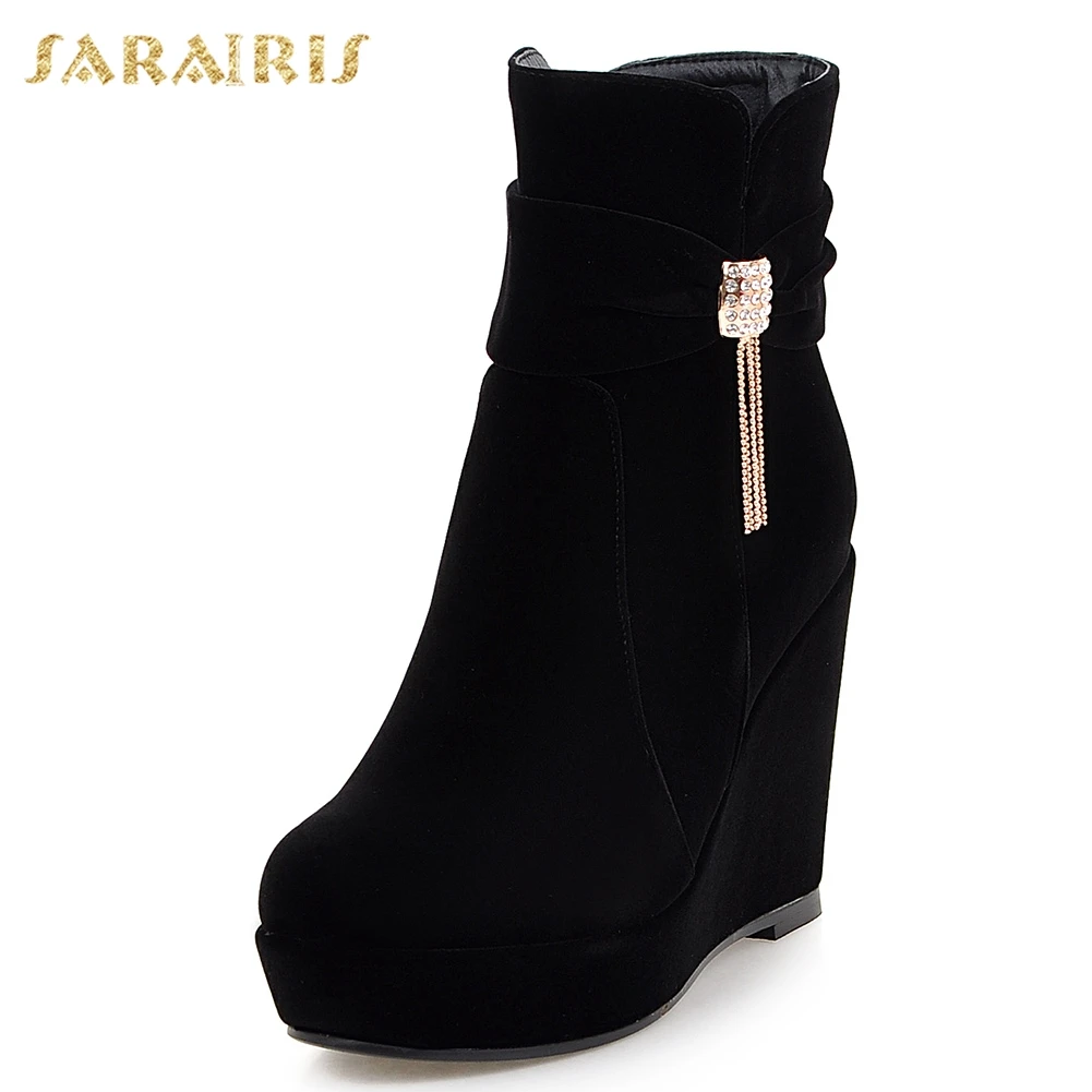 

Sarairis New Fashion Flock Crystal Decoration Ladies Wedges High Heels Ankle Boots Woman Platform Ankle Boots Woman Shoes Woman