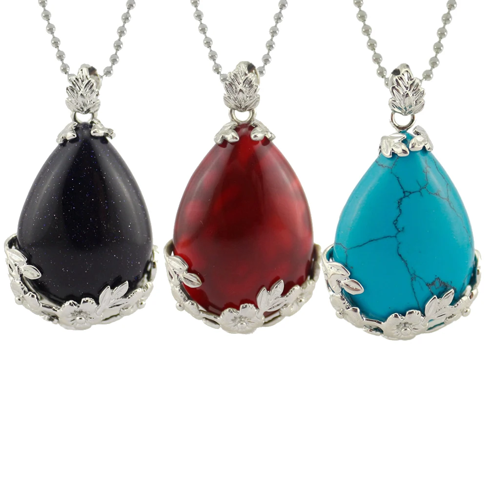 

Reiki Healing Balance Birthstone Long Necklaces Water Drop Natural Lapis Lazuli Amethysts Quartz Stone Pendant Necklaces Womens
