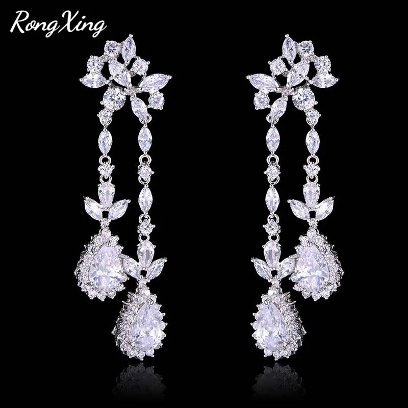 White RongXing Мода цветок Длинные кисточкой синий/белый/красный CZ капли воды серьги для женщин белого золота заполнены подвески с камнями серьги - Окраска металла: White