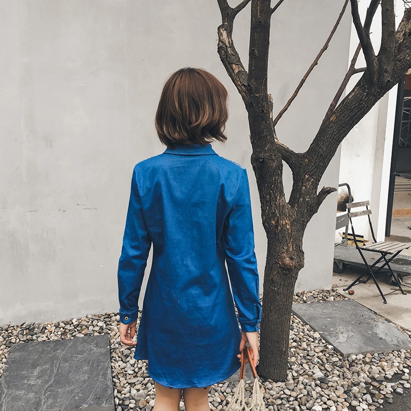 2018 Korean Fashion Autumn Denim Dress Women Hollow Out Crochet Patchwork Lace Dresses Loose Plus Size Dress Mini Vestidos Jeans