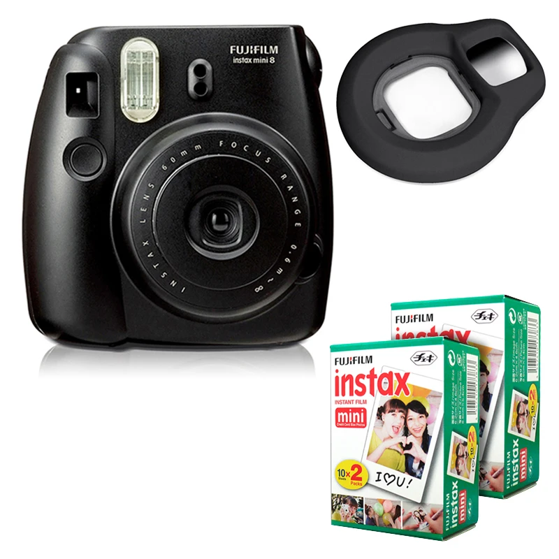 Моментальная Камера Fujifilm Instax Mini 8 черная + белая пленка Fuji Edge 40 объектив крупным