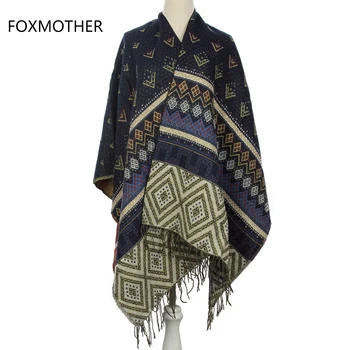 

FOXMOTHER 2019 New Fashion Winter Bohemian Navy Tribe Geometric Cape Poncho Women