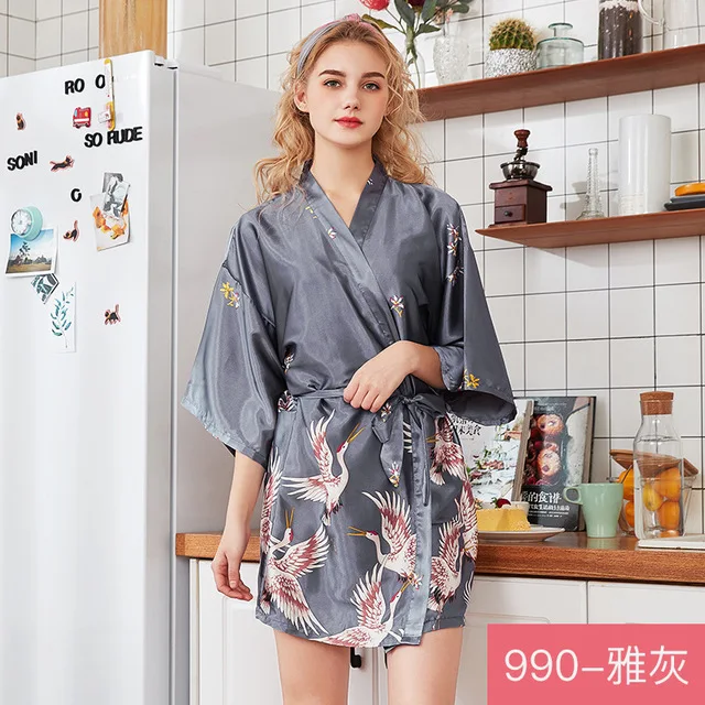 Модный женский летний халат мини-кимоно, женский халат из вискозы, ночная рубашка Yukata, ночная рубашка, ночная рубашка, Пижама, SizeS-3XL - Цвет: gray short