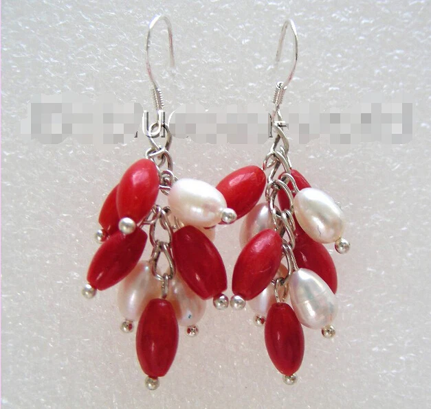 

Free shipping@@@@@ Beautiful Grape red coral &white pearls earrings 925s b1091