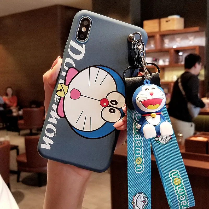 Doraemon case for iPhone XS/X 7/8 plus cartoon cat silicone back cover for iPhone XS Max shell for iPhone 6 6s+ 3D holder+ strap