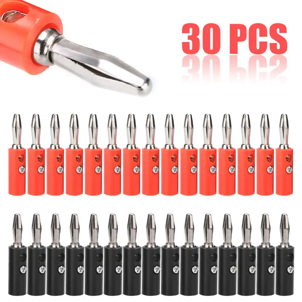 

30pcs Banana Plugs Connectors 4mm Audio Speaker Wire Pin Screw Banana Plug Terminal Red+Black Color