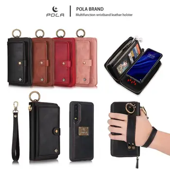 

POLA Multifunction Wristband leather holster Zip Wallet Case For Huawei P30 Pro P30Lite Card Pocket Magnetic Detachable Car Ring