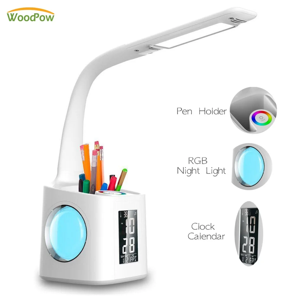 Online WoodPow LED Flexible Arm Schreibtisch Lampe Mit Bildschirm Kalender Bunte RGB Nacht Licht Dimmbare USB LED Tisch Lampe Für Kinder studie