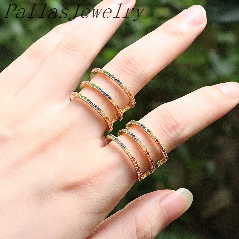 

New Design 6Pcs Gold color fashion women jewelry colorful cz open ring, multi rainbow cubic zirconia Delicate finger rings