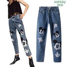 Брюки, джинсы для мам, женские, уличные, лоскутные, свободные, смягчающие, шаровары, джинсовые штаны с рисунком Микки из мультфильма, для женщин размера плюс