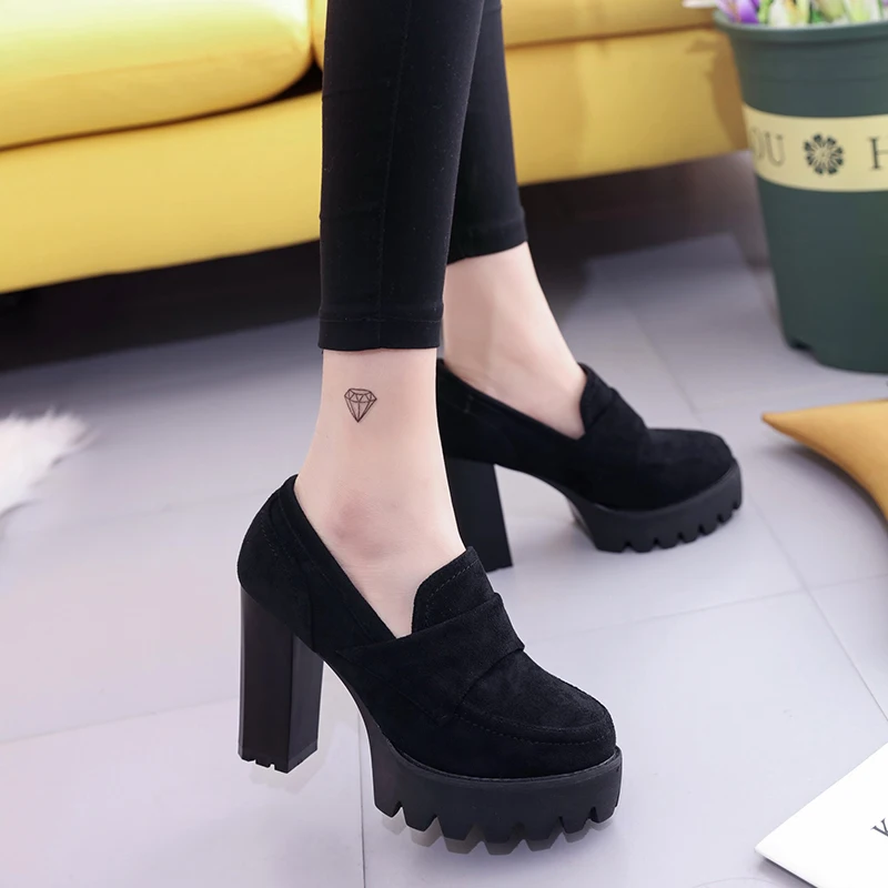 Women Pumps Suede high heels thick 2019 round head waterproof platform black single shoes female thick bottom was thin 10cm