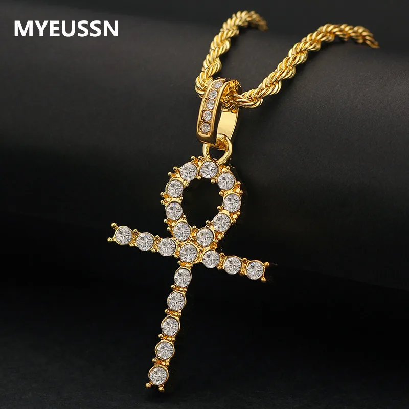 

Iced rhinestone Ankh Cross Pendant Gold Silver alloy Material CZ Egyptian Key of Life Pendant Necklace Men Women Hip Hop Jewelry