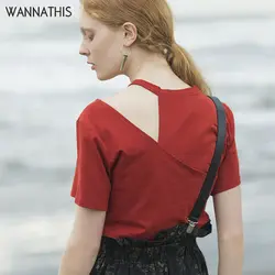 WannaThis Женская футболка из хлопка с открытой спиной, винтажное повседневное Черное Красное свободное Ретро Харадзюку Лето o-образным