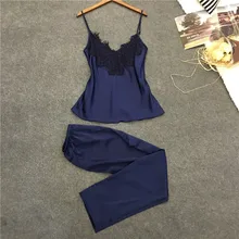 

Sexy Lace Pajamas for Women Satin Pajamas Sets Elegant Silk Sleepwear Female Top+Long Pants 2018 Spring Autumn Home Clothing