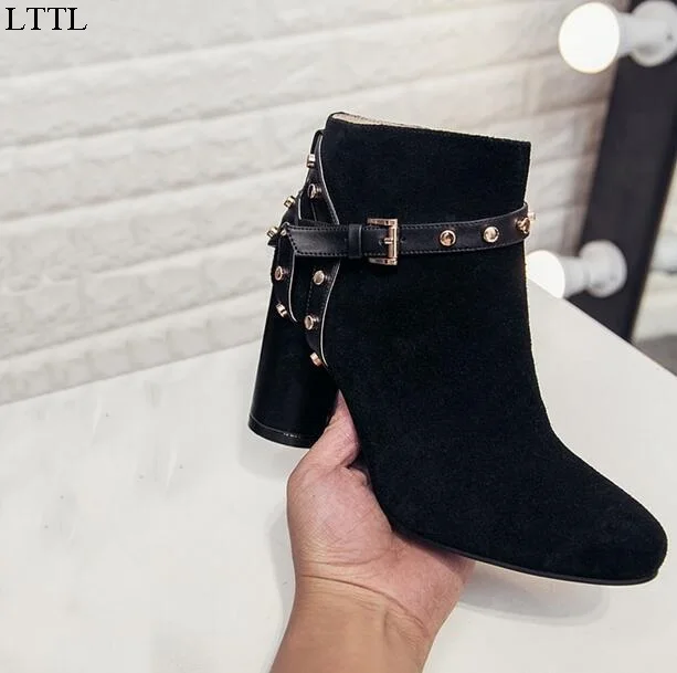 Spring/Autumn Fashion Women Shoes Solid Black/Green Round Toe Buckle Block High Heels Women Riding Ankle Boots Free Ship Size911