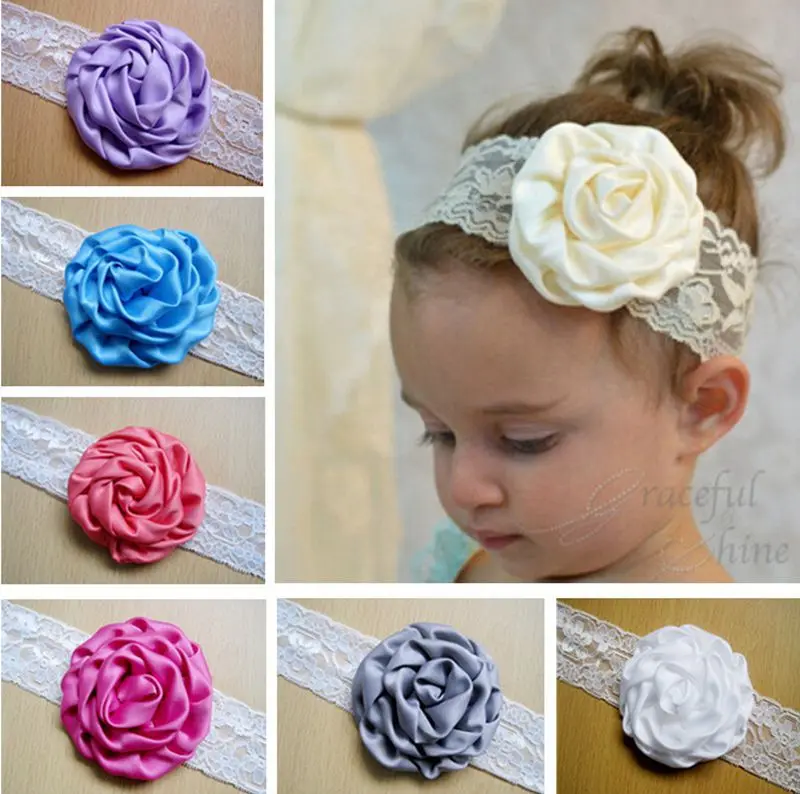 Детский ободок для волос кружевной атласный с цветами 21 цвет|headbands designer|accessories