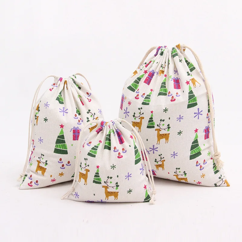 

N014 Handmade Cotton Linen Draw String Storage Bag Candy Tea Sorted Bag Printed Christmas Tree Deer Gift Bag