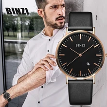 BINZI New Ultrathin Black Quartz Men Watch Leather Mens Watches Calendar Reloj Hombre Simple Grace Waterproof