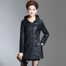 Лучшее качество, Женское зимнее кожаное пальто, женская длинная куртка с капюшоном, кожаная одежда размера плюс 6XL, кожаная парка с вышивкой QH0857