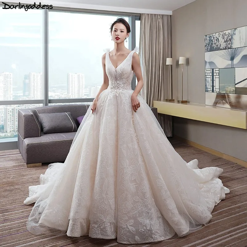 

Vestido De Noiva Princesa Sexy Deep V Neck Wedding Dress Tulle Lace Champagne Ball Gown Wedding Dresses 2019 Robe De Mariee