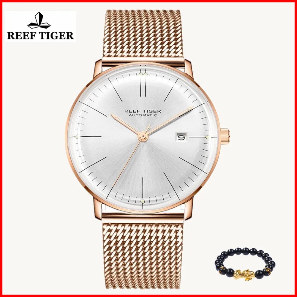 

Reef Tiger/RT Top Brand Luxury Simple Watch for Men Sapphire Crystral Watch Rose Gold Strap Automatic Mechanical Watches RGA8215