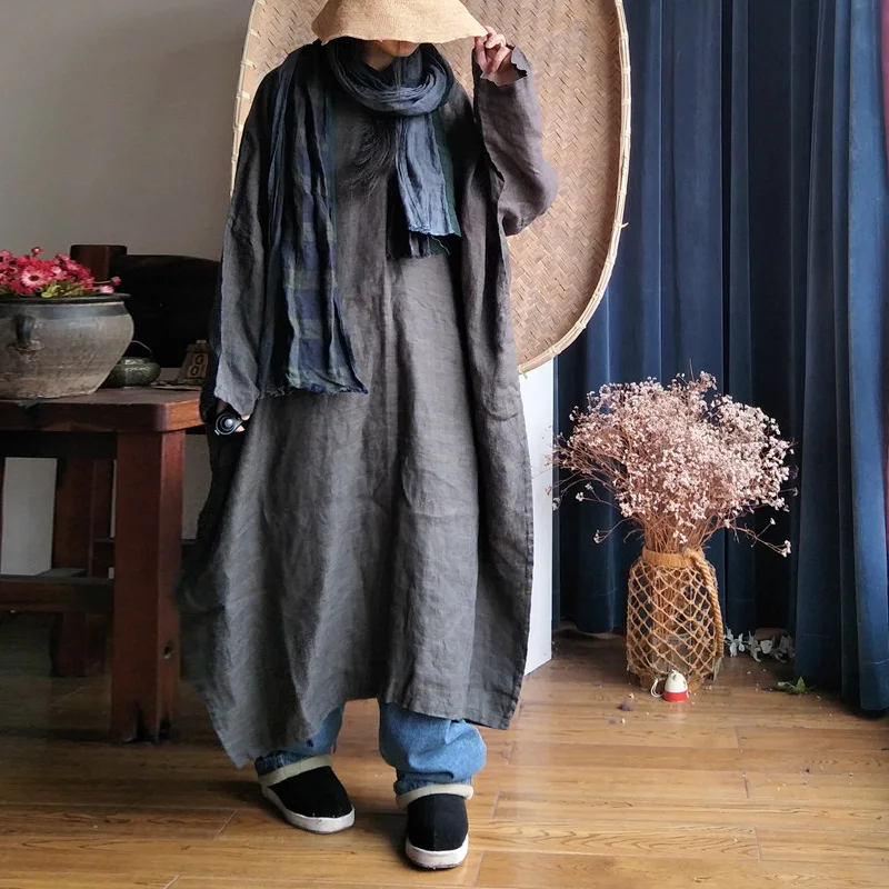 

Johnature Linen Gray Dress Women Vintage Long Sleeve Robes 2019 Spring New Plus Size Women Cloths High Quality Bat Sleeve Dress