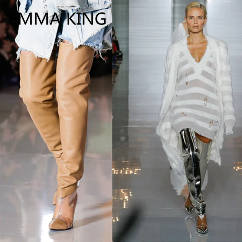 

Fashion PVC Transparent Women Over The Knee Clear Heels Boots Pointed Toe Slip On Ladies Wedges Shoes Woman Sexy High Heels Boot