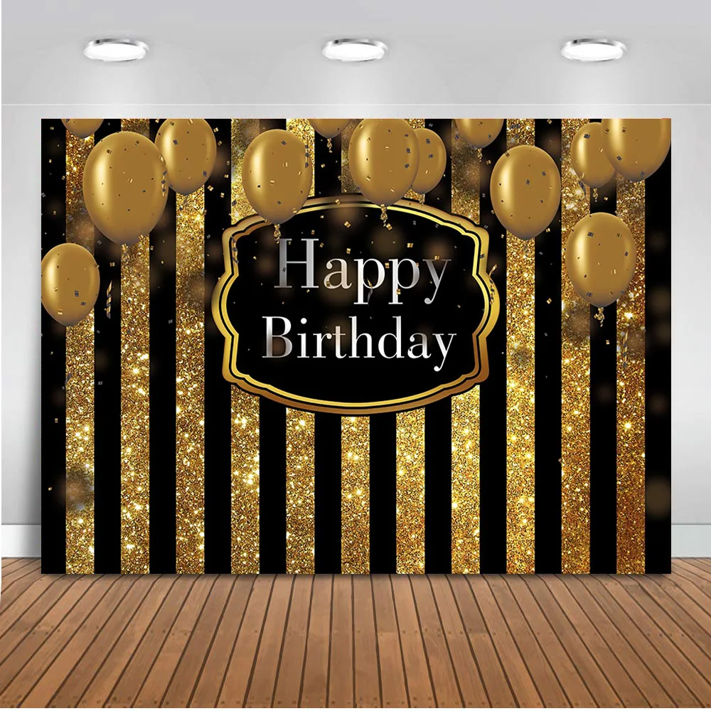 Neoback Happy Birthday Theme Party Decoration Banner Black and Gold Stripe Backdrop for ...
