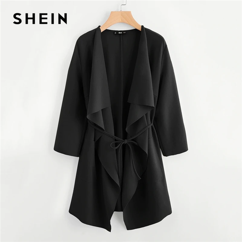 Ceny SHEIN kołnierz w stylu wodospadu podwójna kieszeń z przodu Wrap kurtka jesienny z paskiem kobiet jednolity kolor, długi rękaw wiosna na co dzień płaszcz odzieży wierzchniej